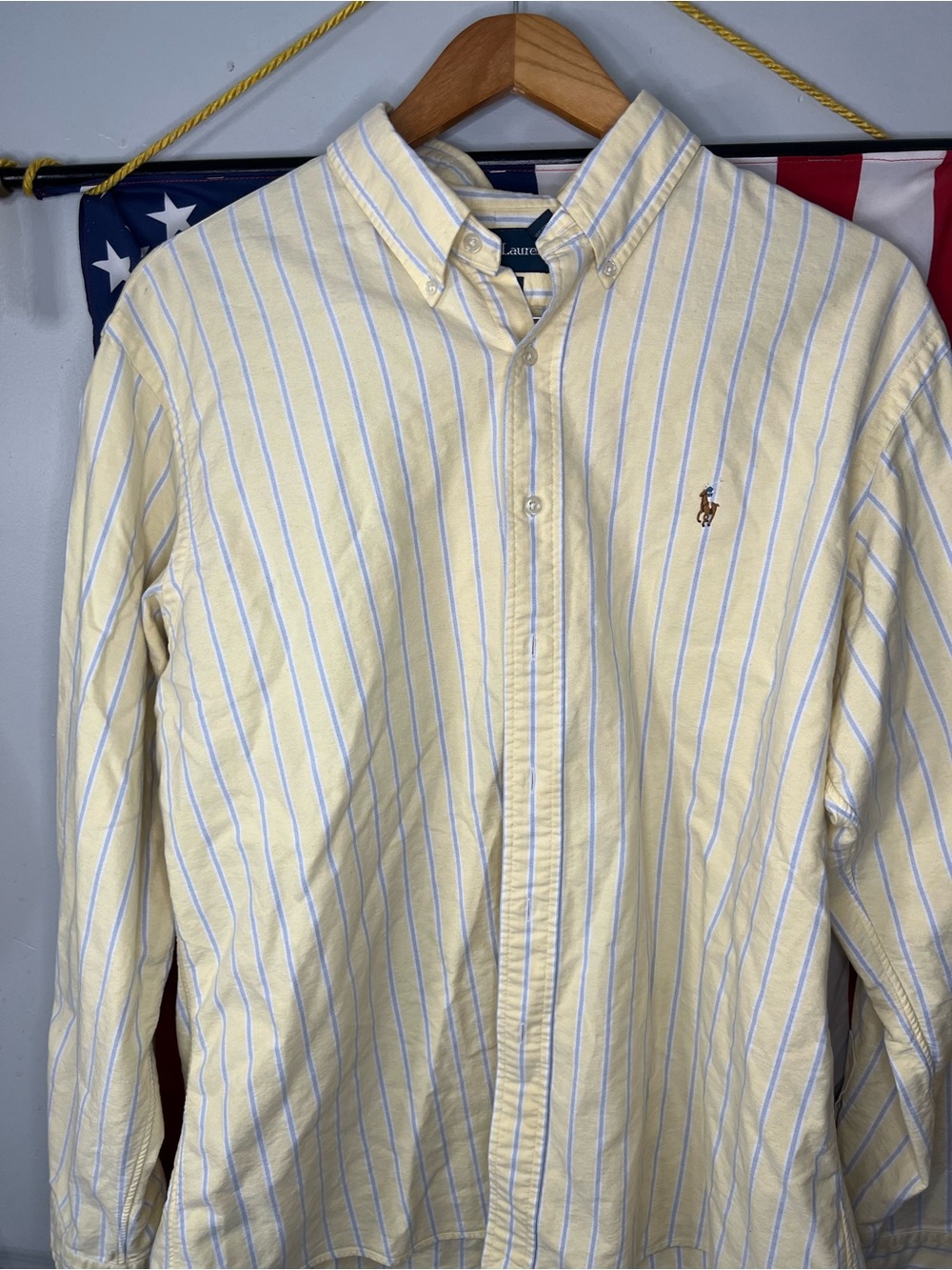 Ralph Lauren Pale Yellow Button-Down Shirt with Light Blue Stripes